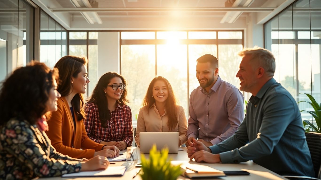 Oameni de succes colaborând în spații moderne de birouri.