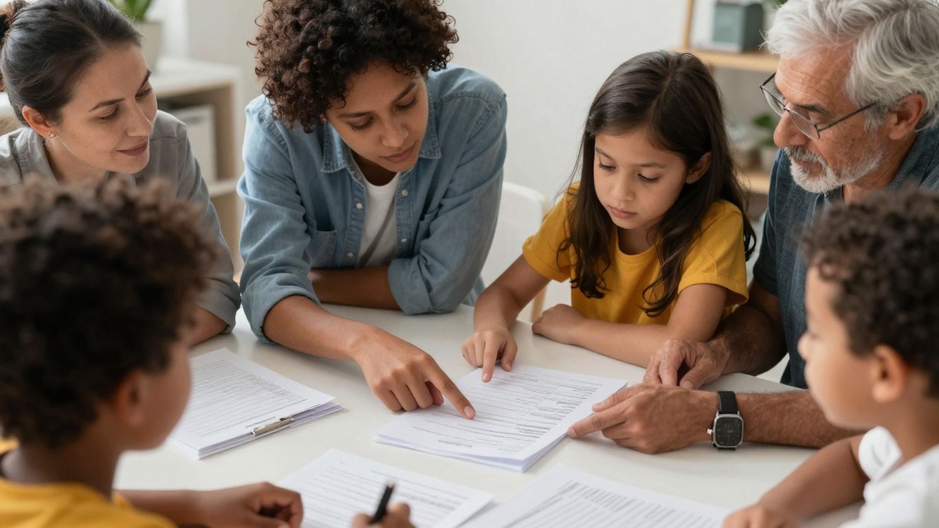 Family and couple discussing life insurance beneficiaries.