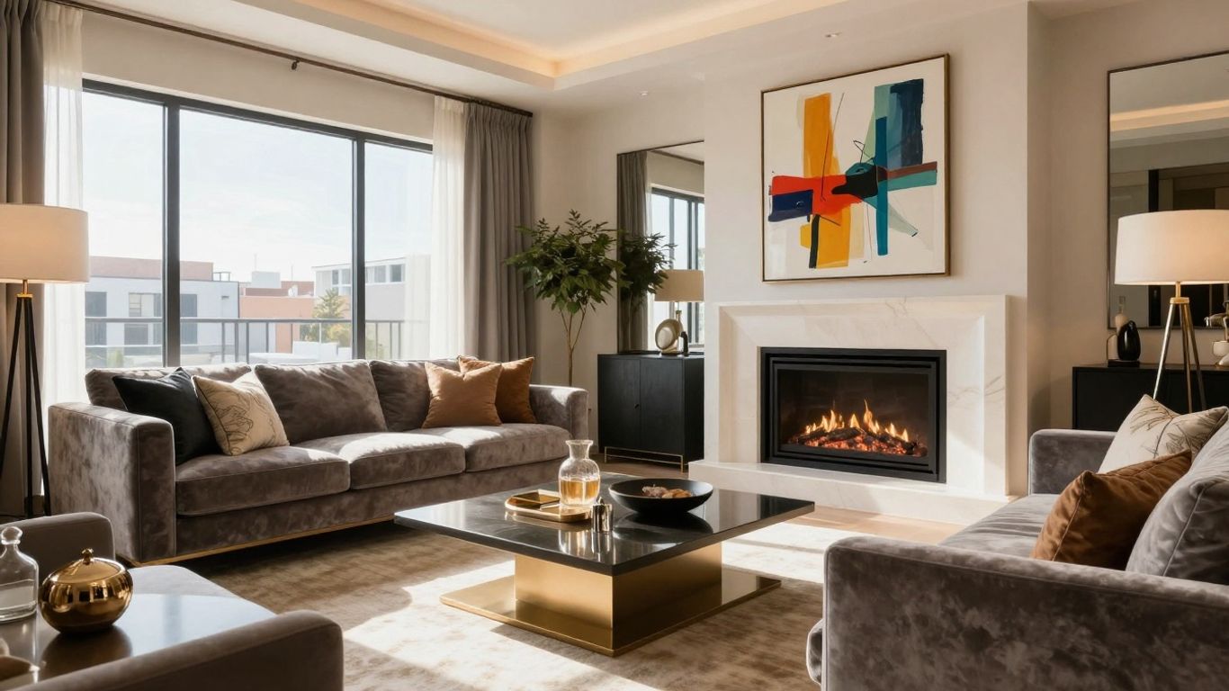 Luxurious Vegas Airbnb living room with velvet sofa and fireplace.