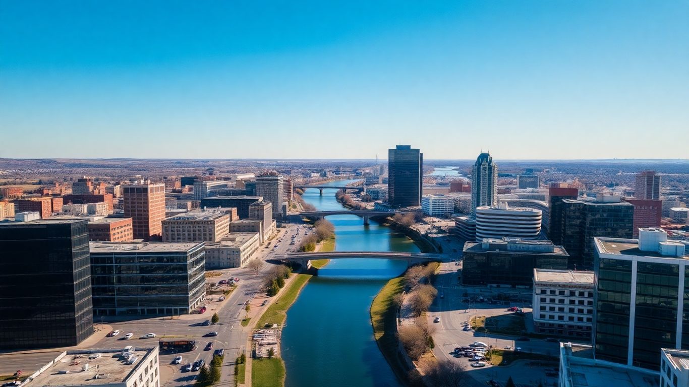 Sioux Falls cityscape with river and buildings.