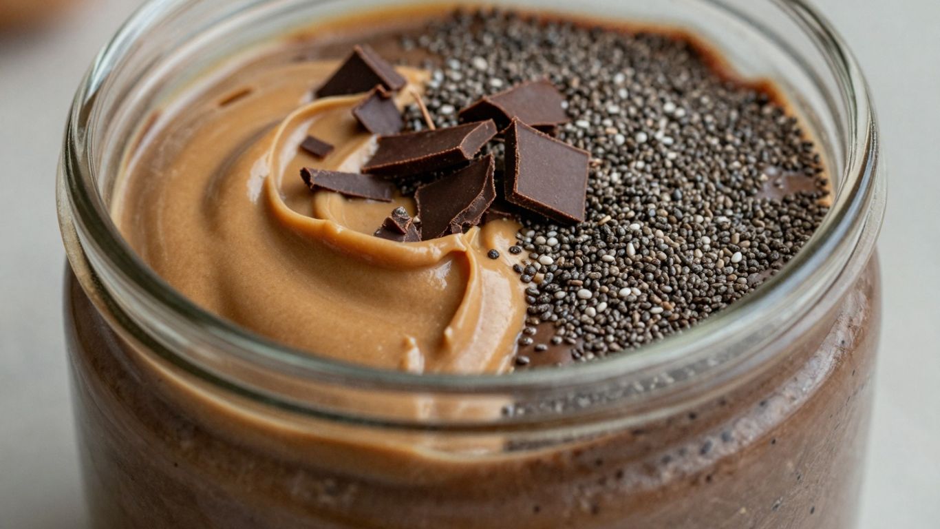 Peanut butter chocolate chia pudding in a jar.