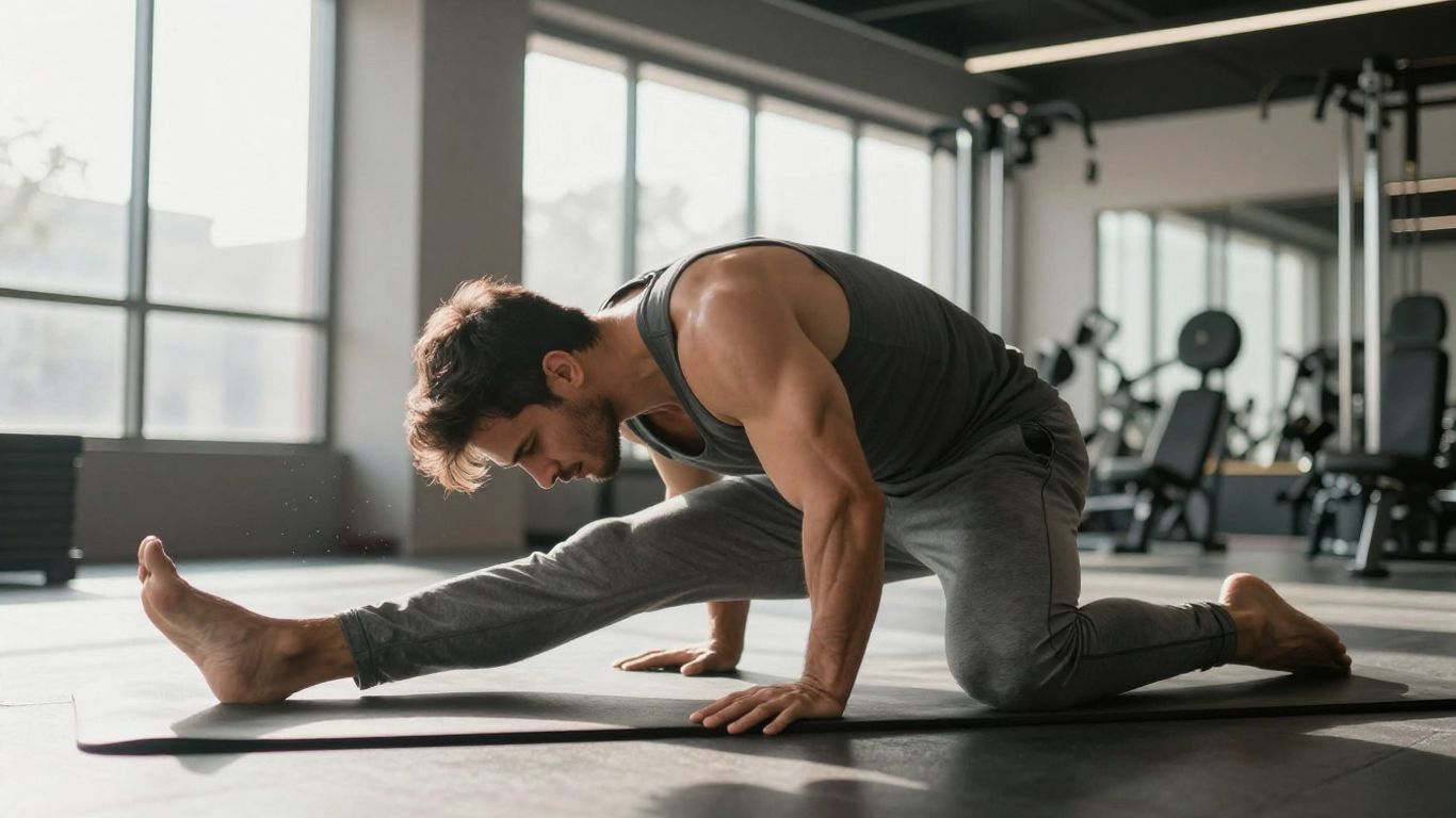 Man doing yoga on gym mat for active recovery.
