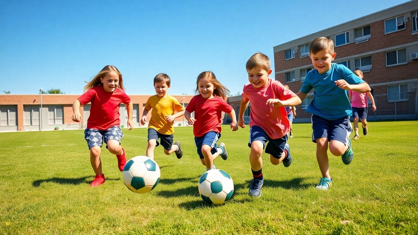Kinder spielen Fußball auf einem sonnigen Schulhof
