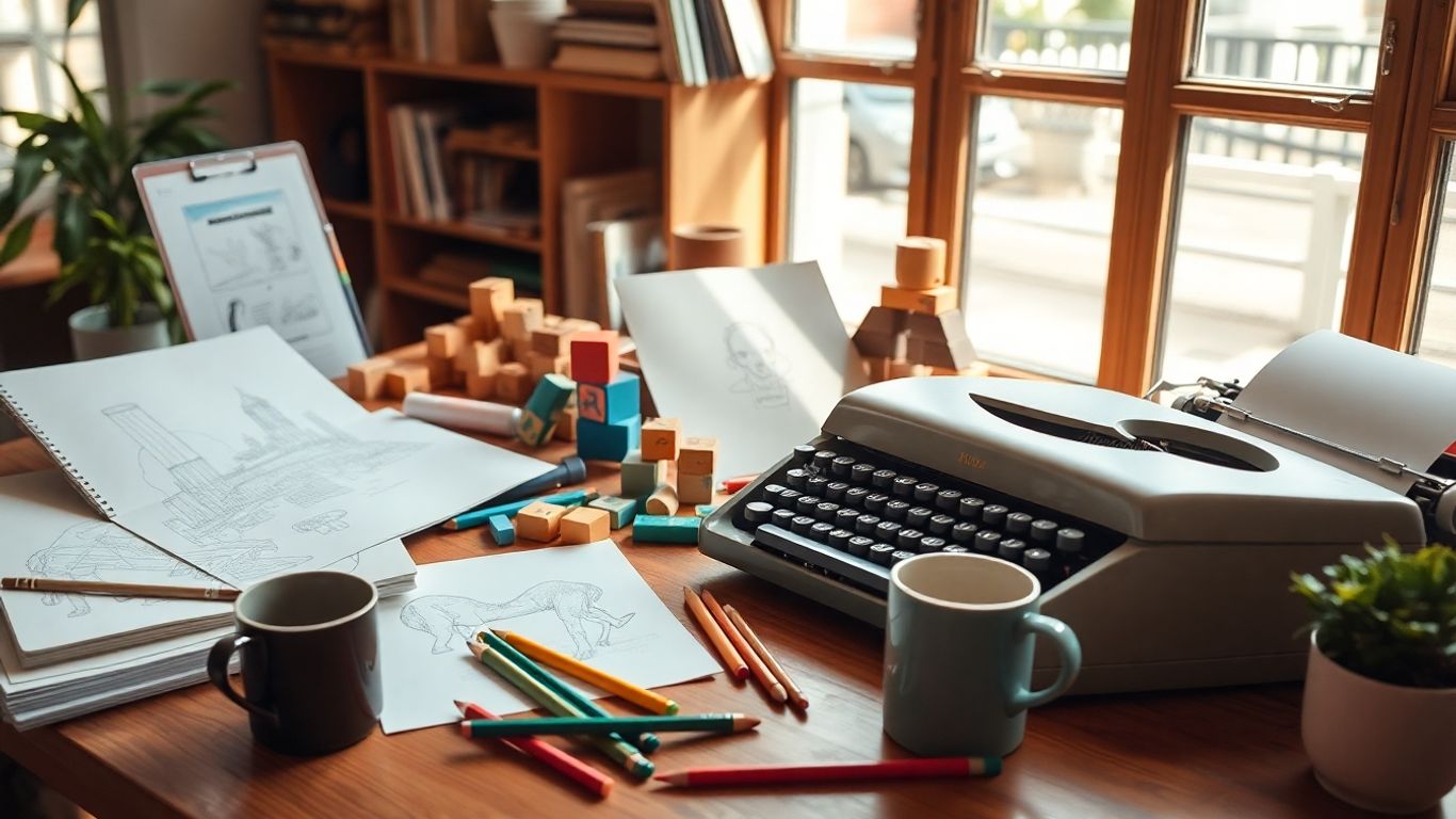 Creative workspace with sketches, blocks, typewriter, pencils, and plant.