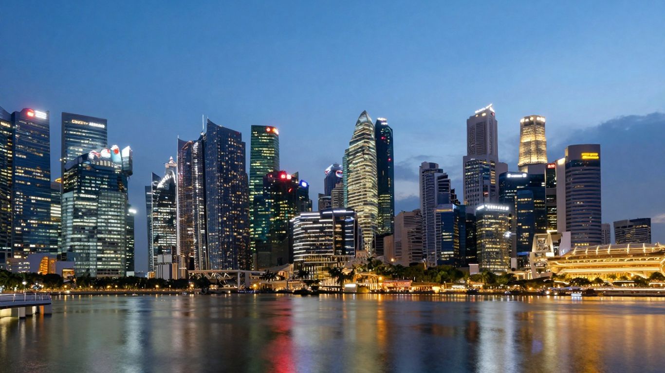 Singapore skyline with skyscrapers and water at dusk.