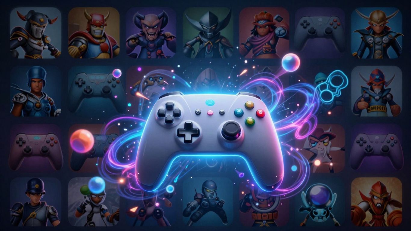 Collage of game icons and controller, vibrant and exciting.