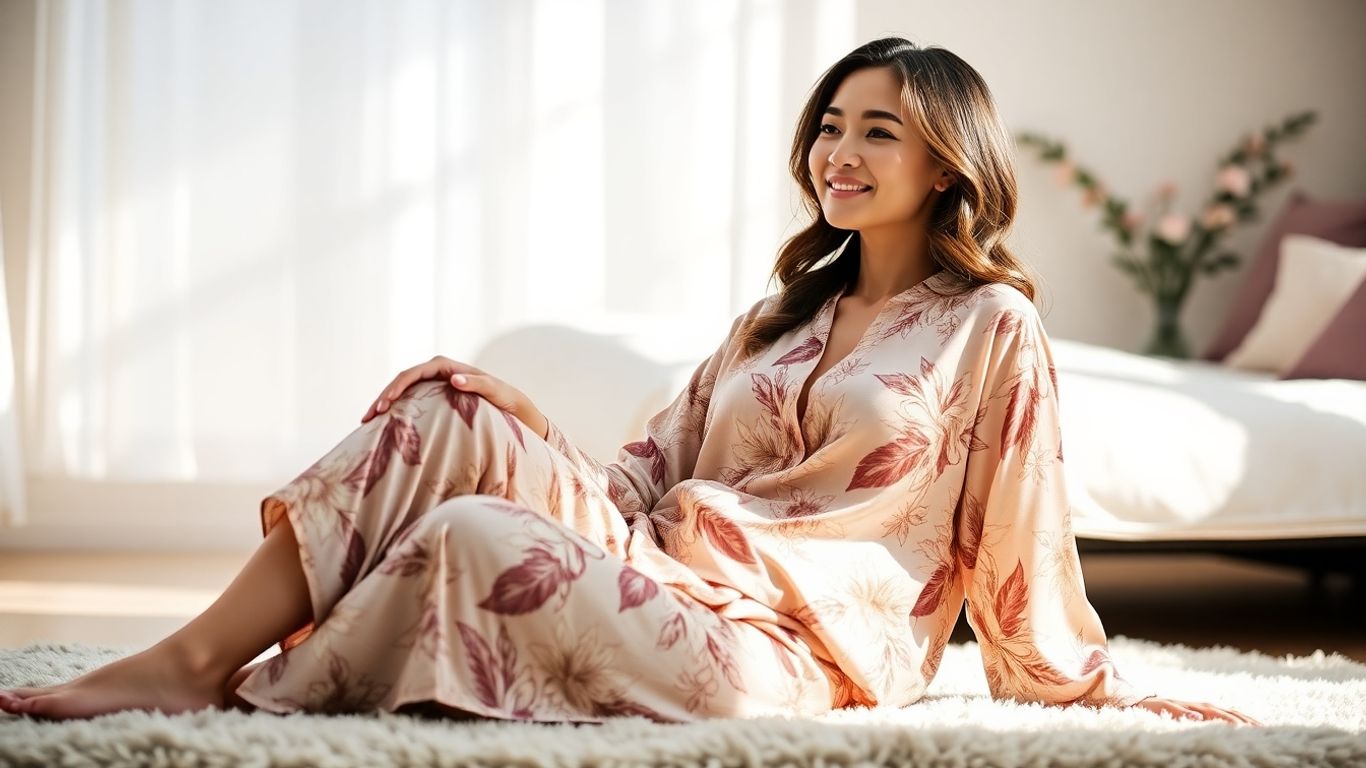 Woman in elegant silk kimono pajama set relaxing.