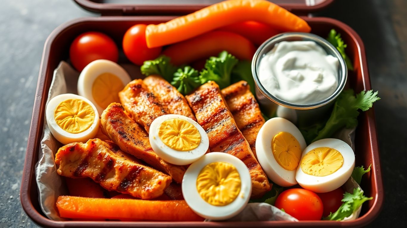 Healthy high-protein lunchbox with chicken, eggs, and yogurt.