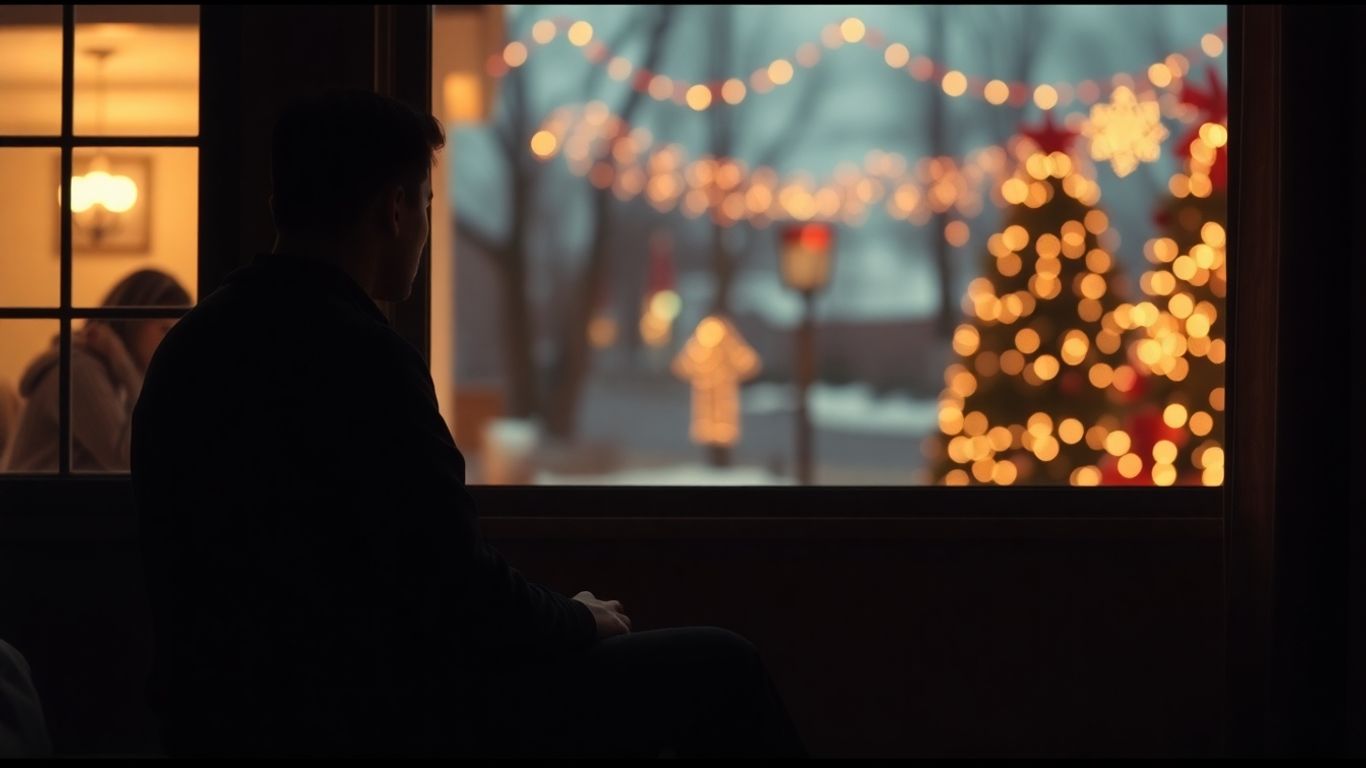 Person looking out window at holiday lights feeling lonely.
