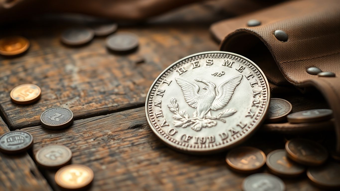 Morgan Silver Dollar on rustic wooden table with old coins