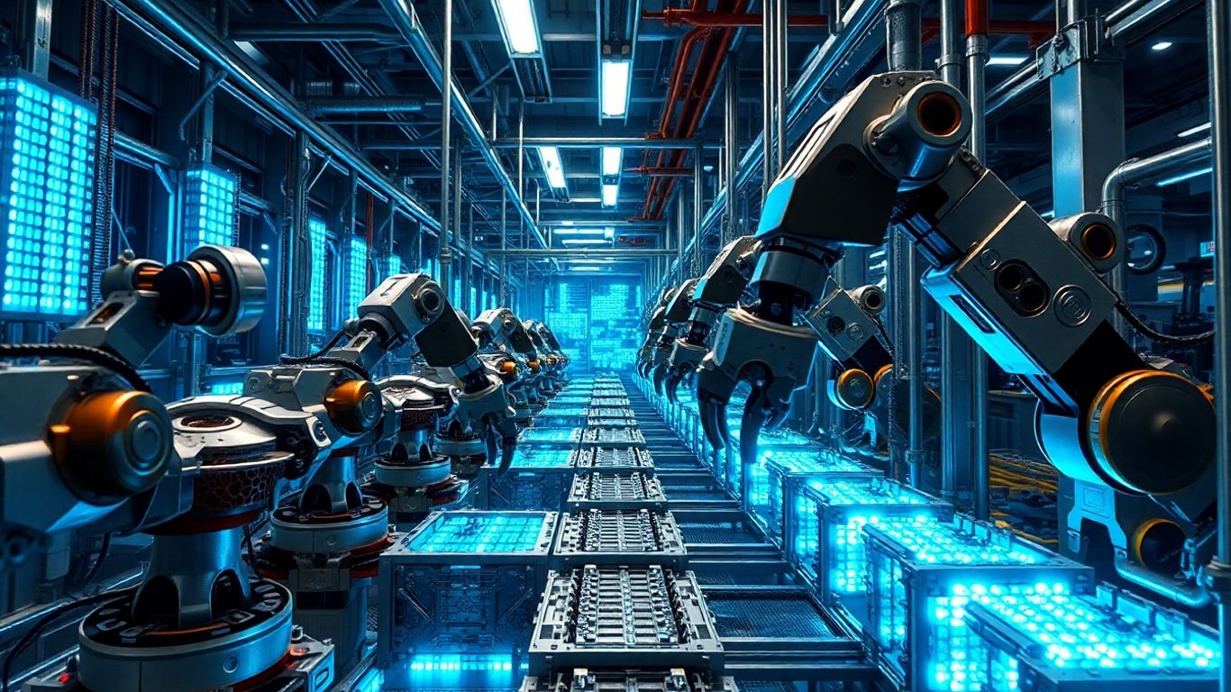 Futuristic battery factory with robotic arms.