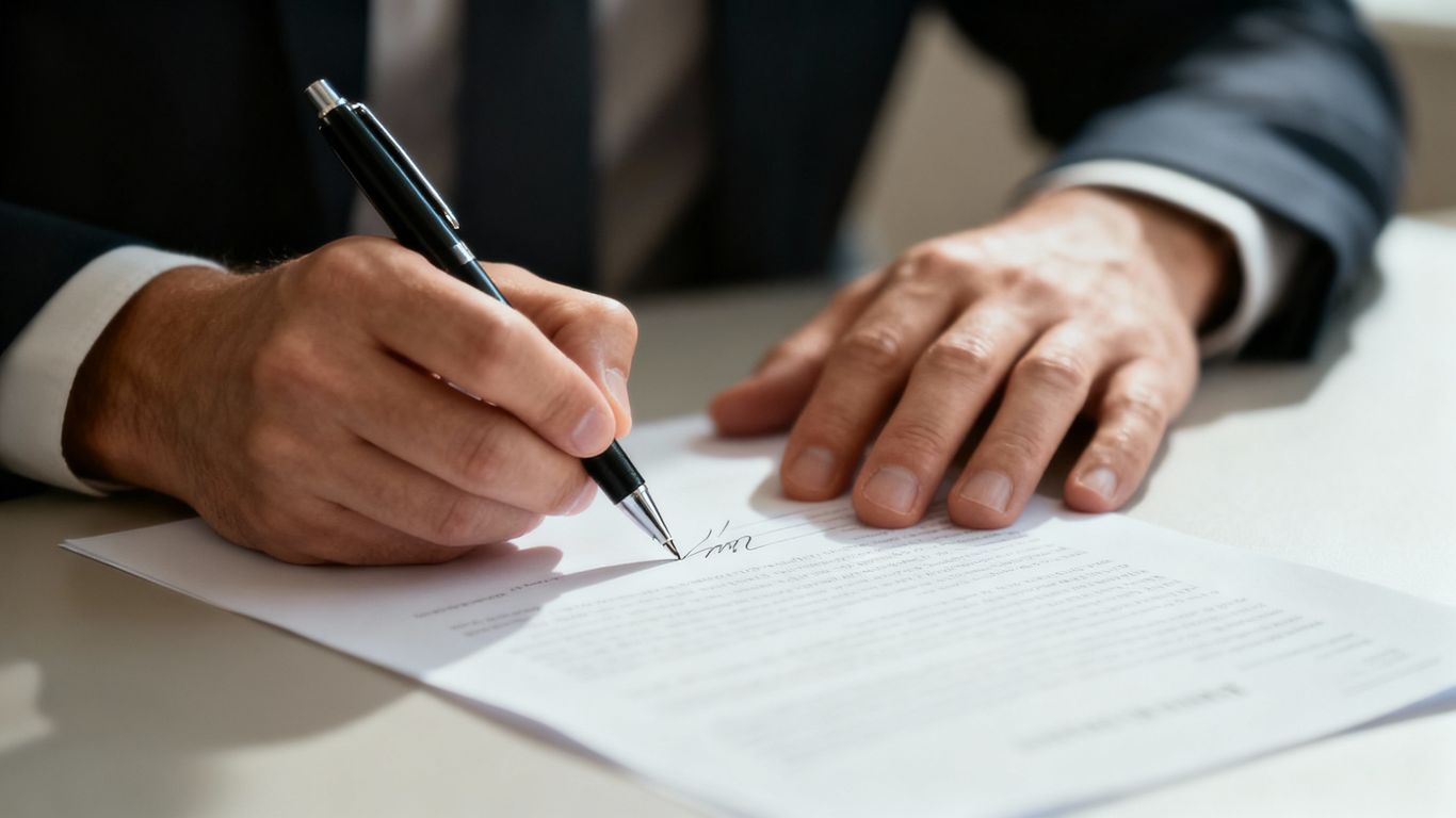 Hands signing a legal document with a pen.