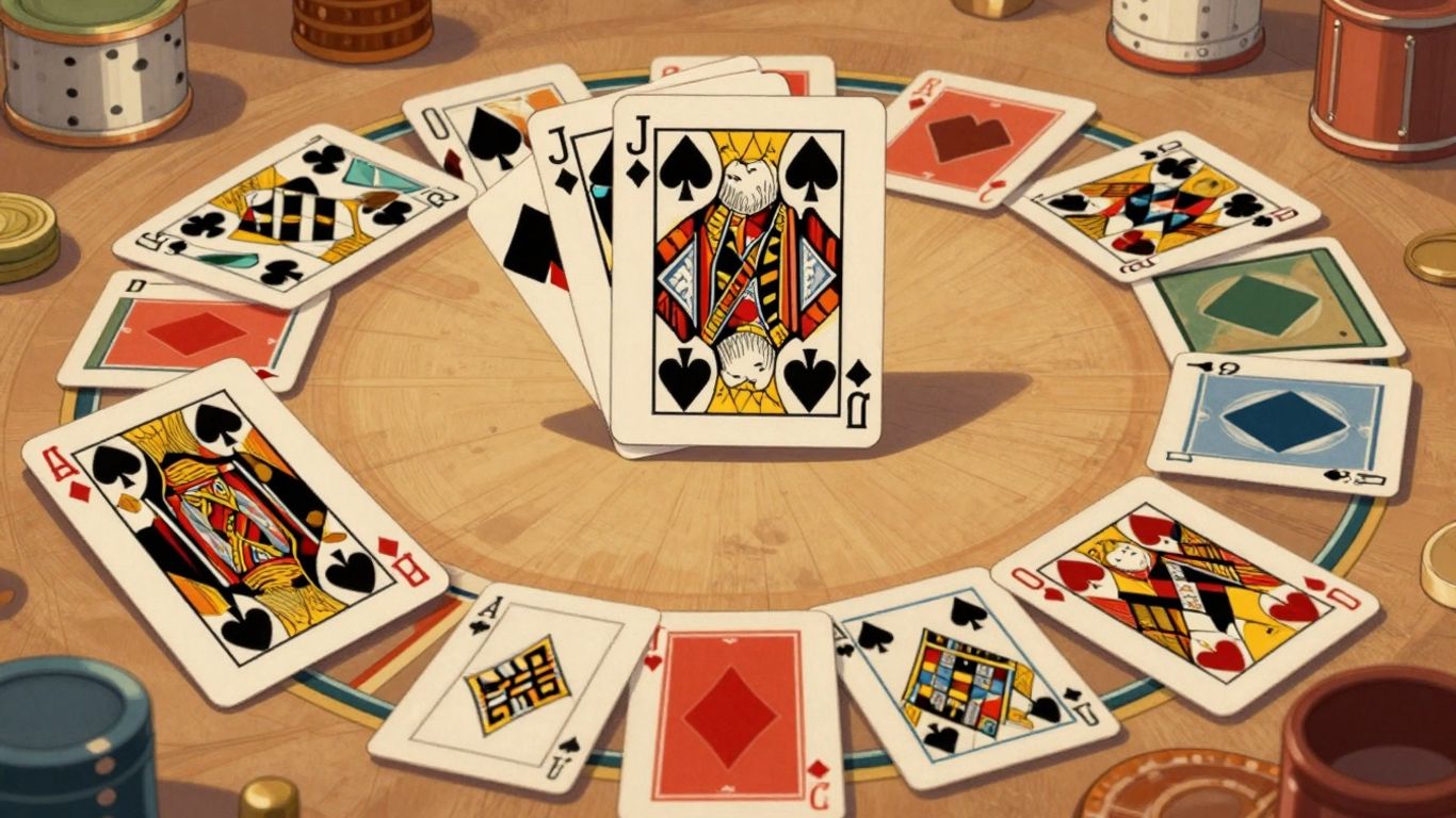 Illustration of solitaire game with cards and immersive atmosphere.