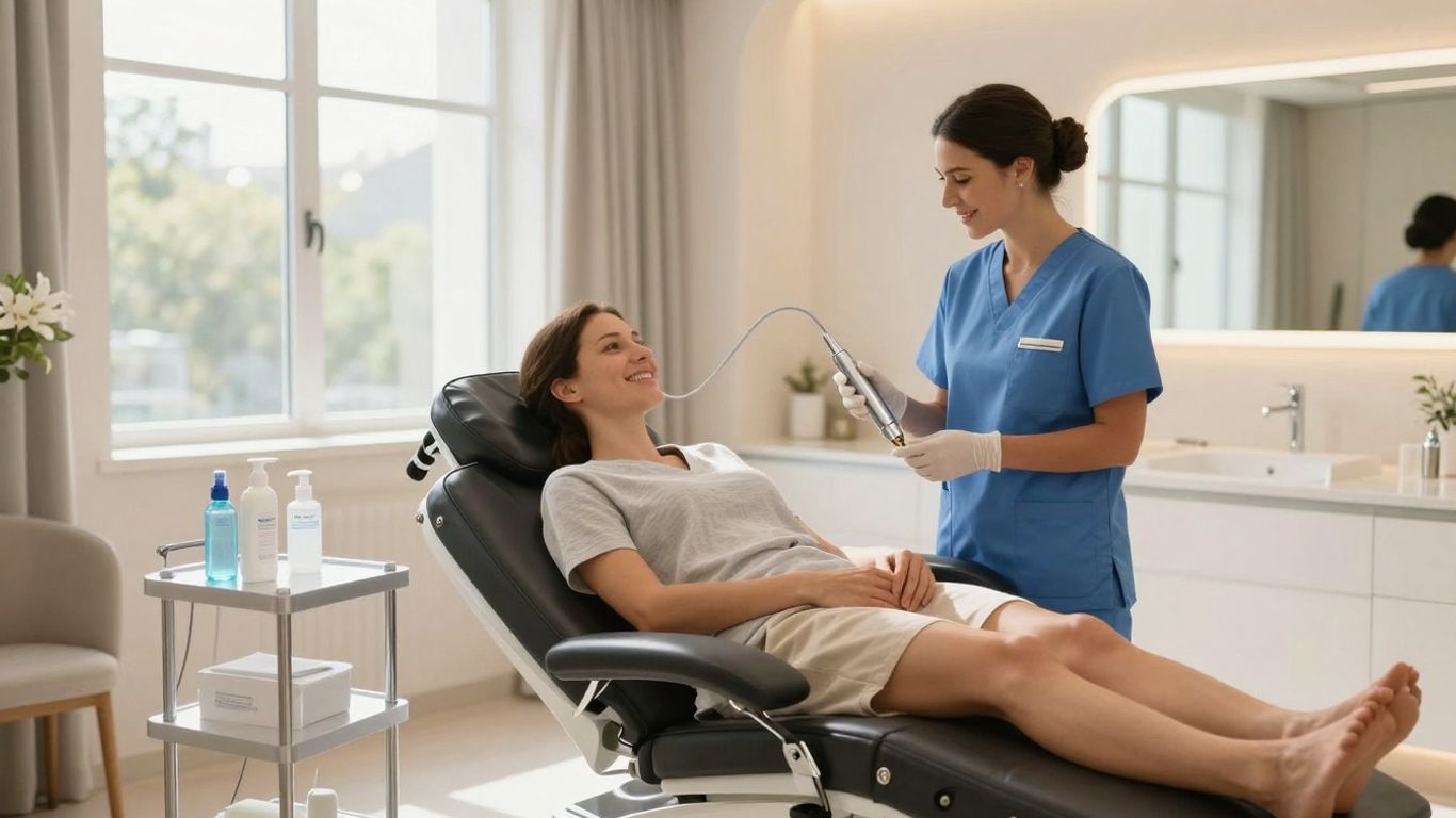 Modern medspa interior with client and professional.