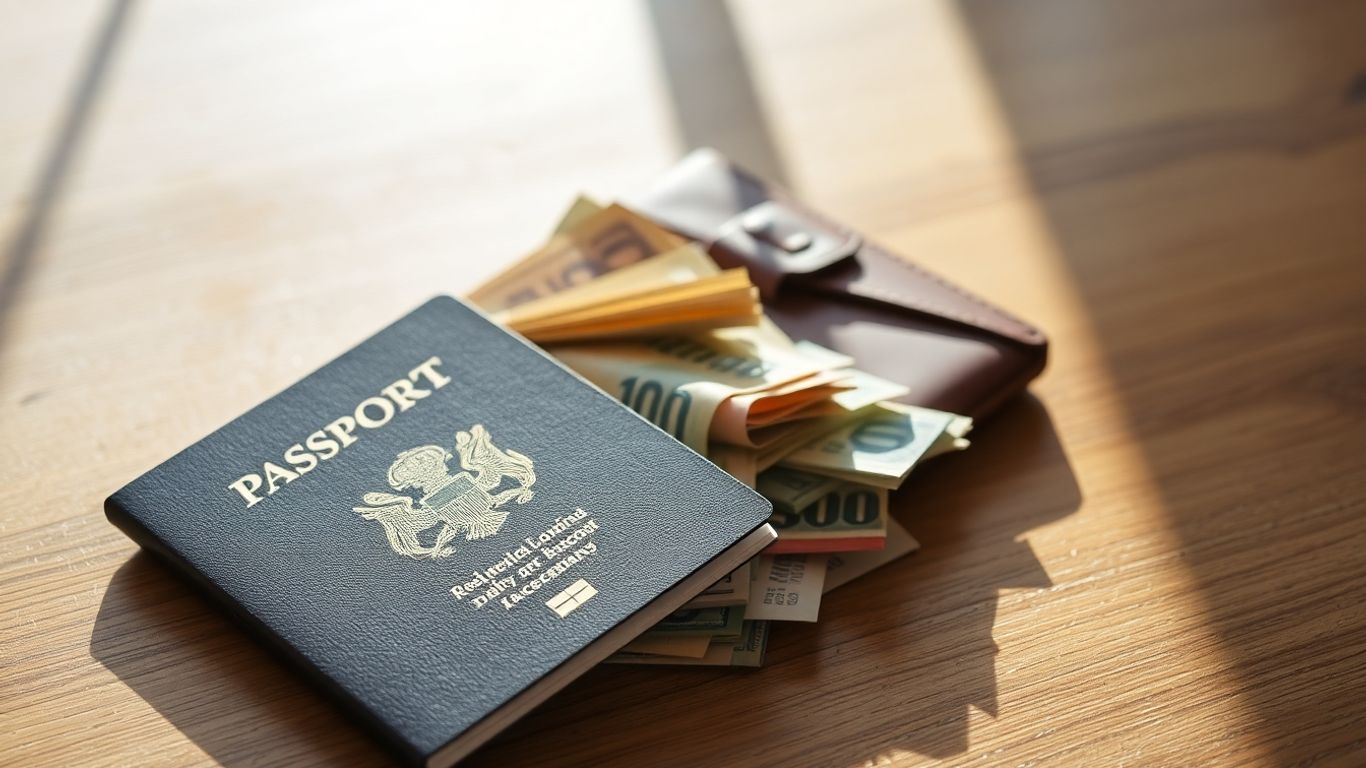 Paszport i portfel z pieniędzmi na stole