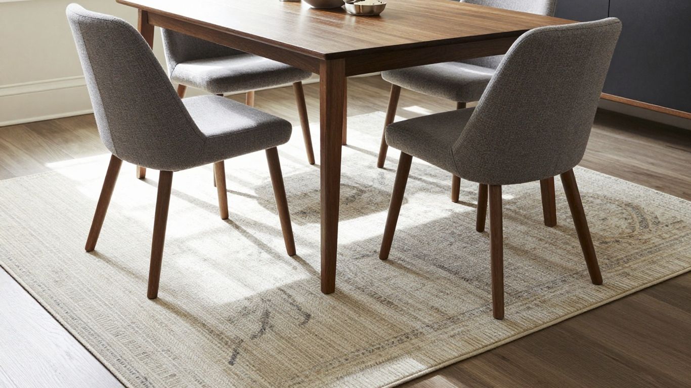 Teppich unter Esstisch mit Stühlen und Tisch