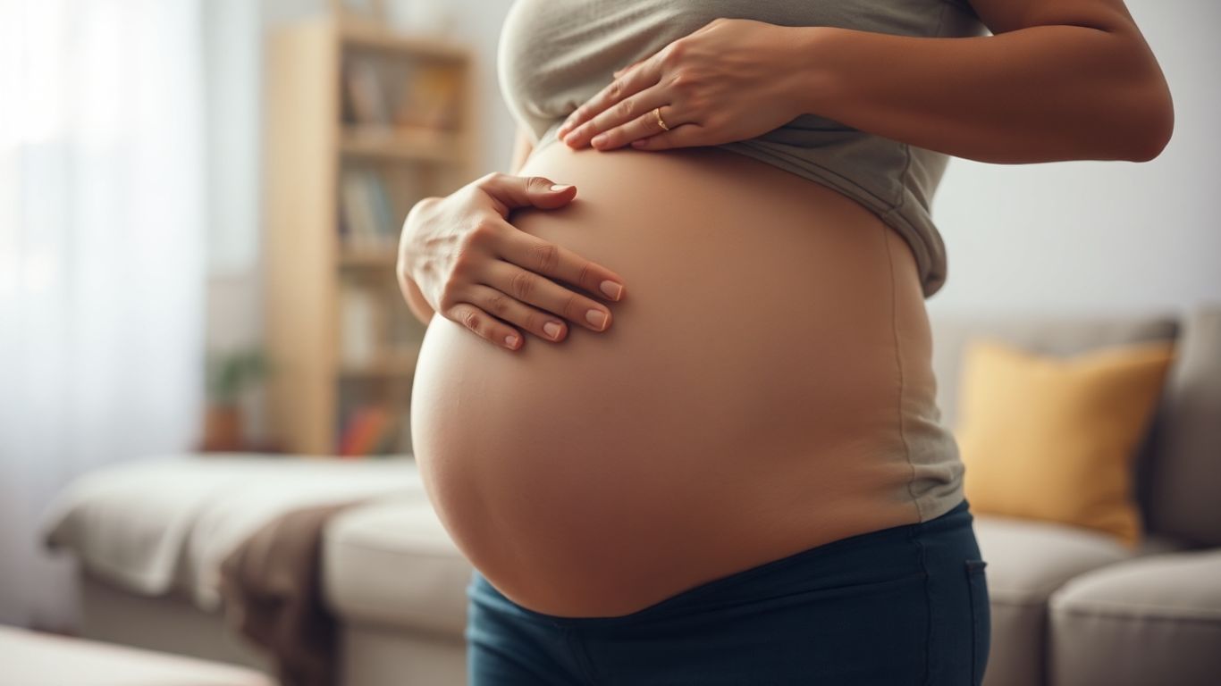 Mulher grávida tocando a barriga com esperança.