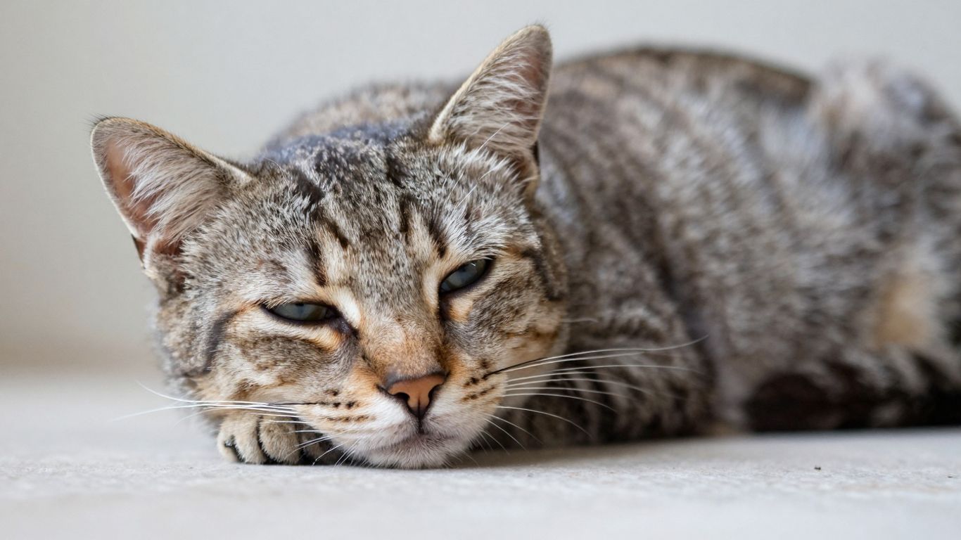 Cat with dull fur and sunken eyes looking lethargic.