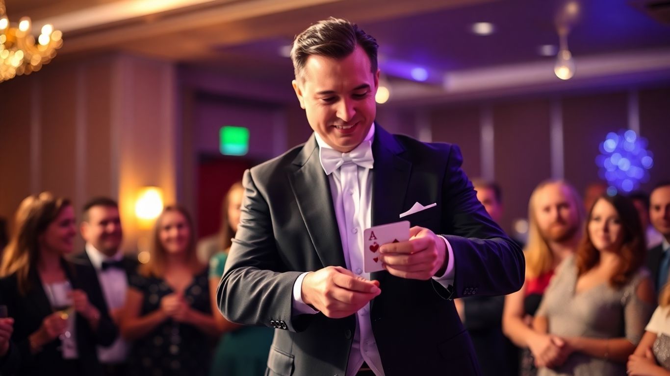 Magician performing at a holiday party