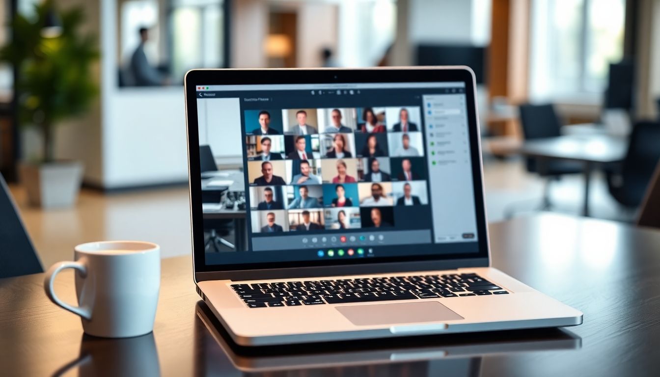 Office desk with laptop showing online meeting