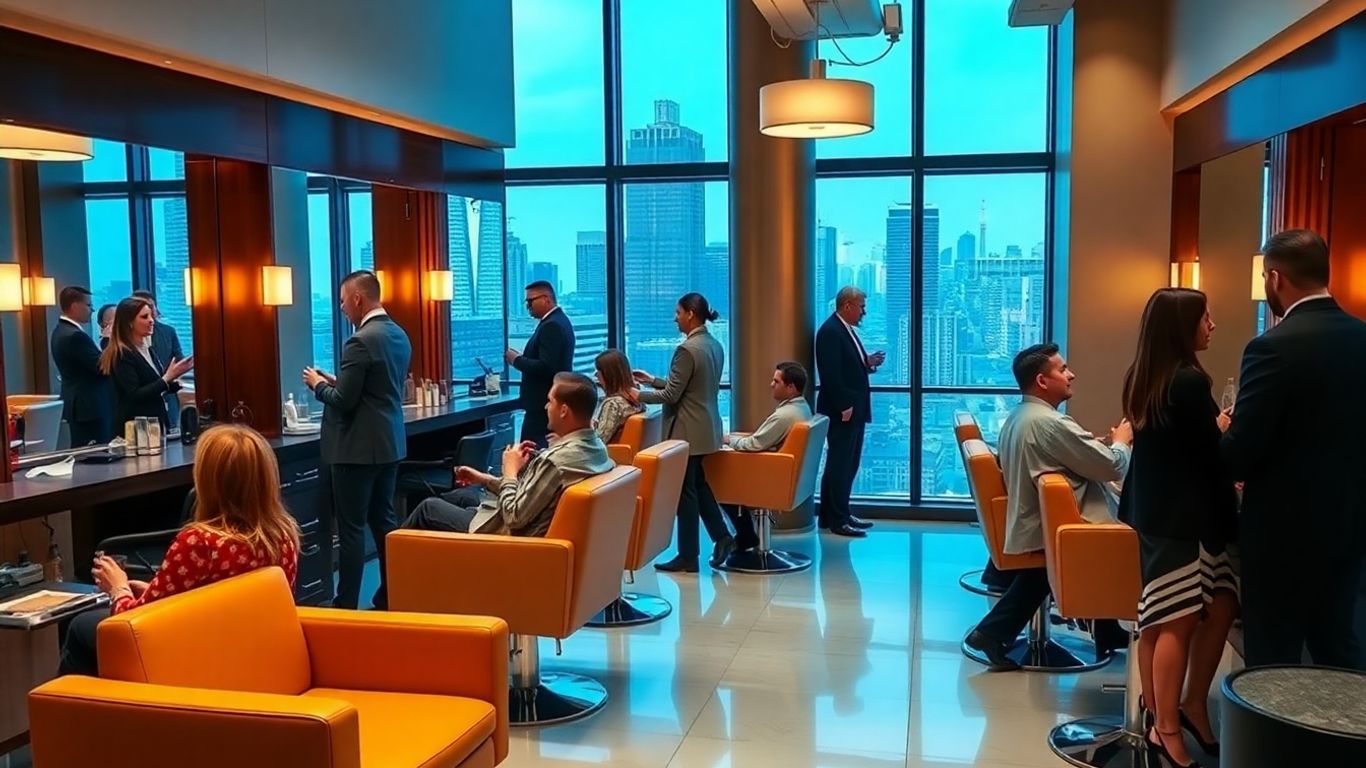 Modern downtown barber shop with professionals and city view