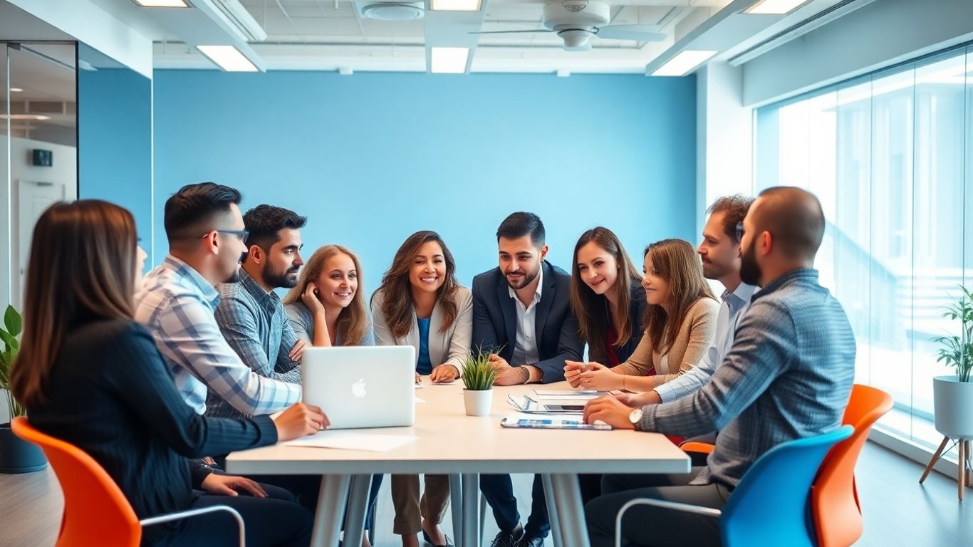 Forscher diskutieren in einem modernen Büro mit blauen Akzenten.