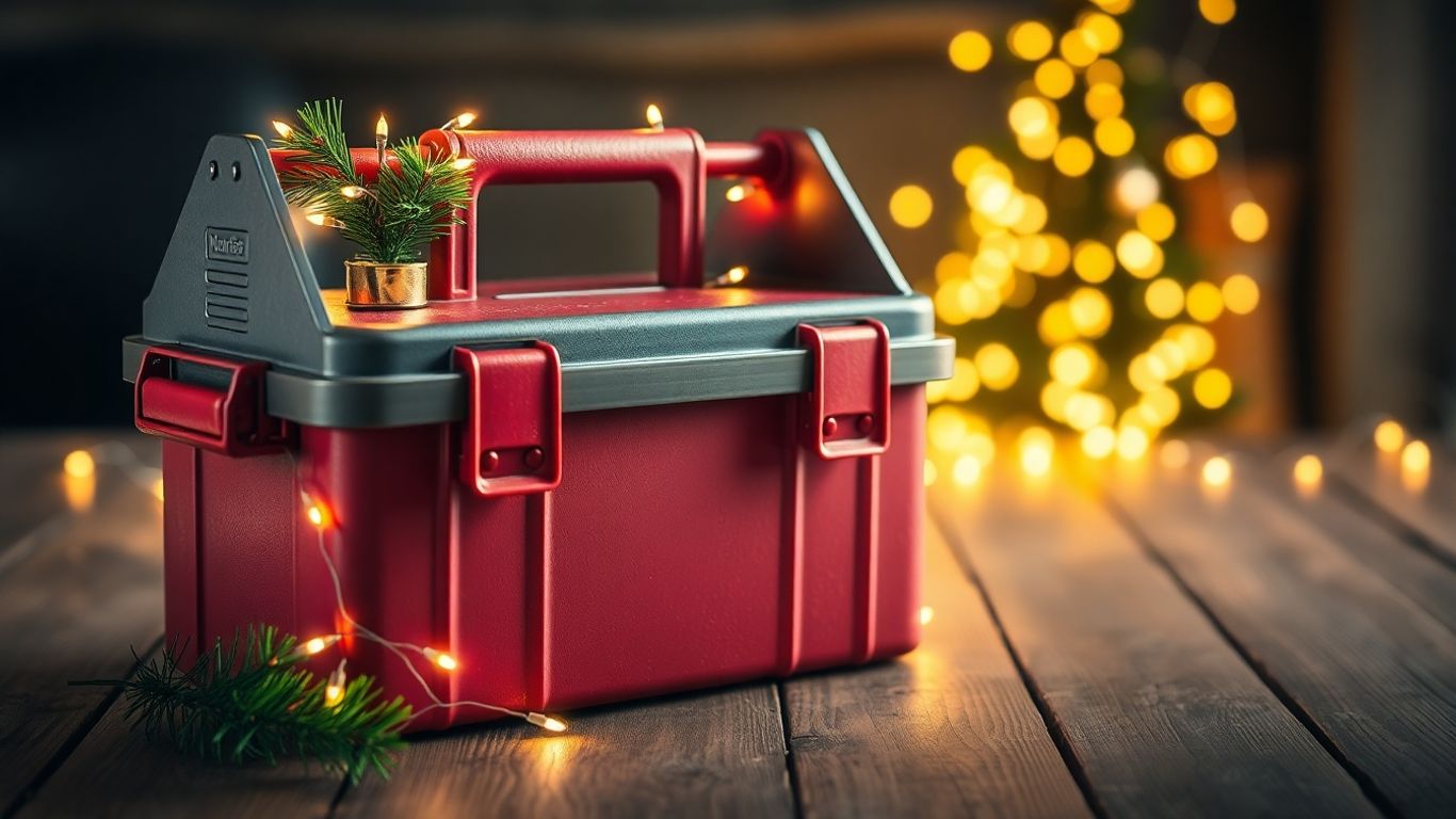 Contractor's toolbox with holiday decorations