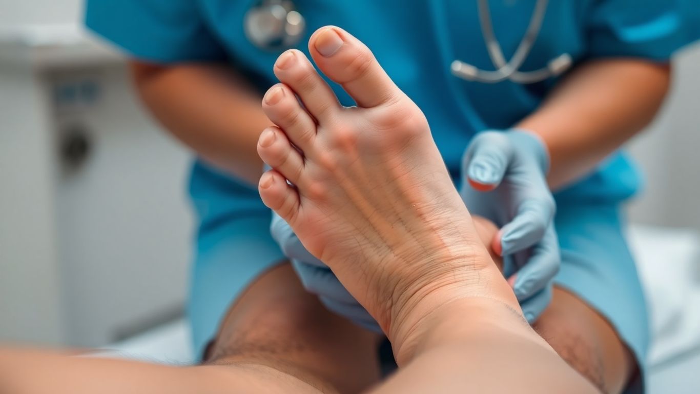 Feet being examined by a medical professional.
