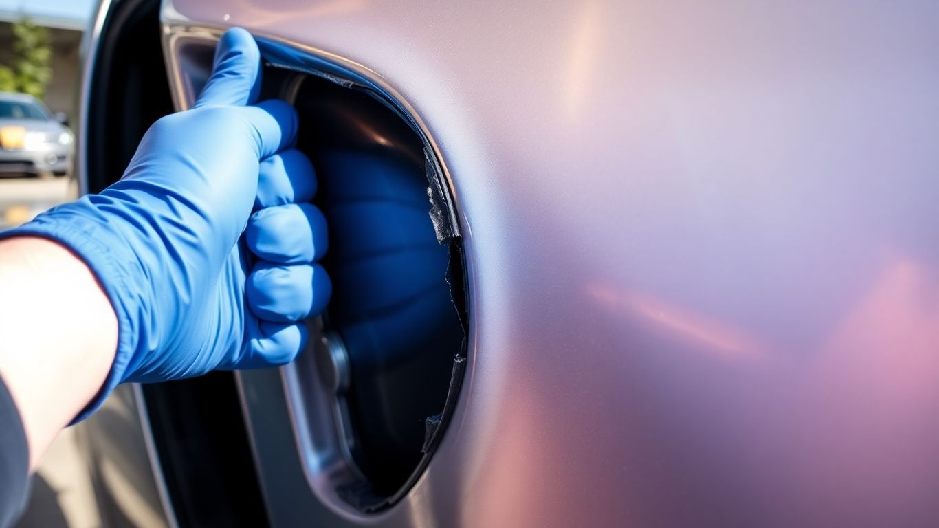 Damaged car after an accident, being inspected.