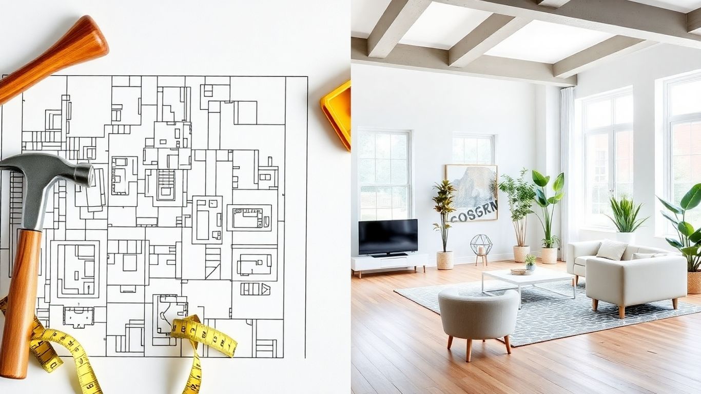 Casă renovată, planuri și unelte de construcție.