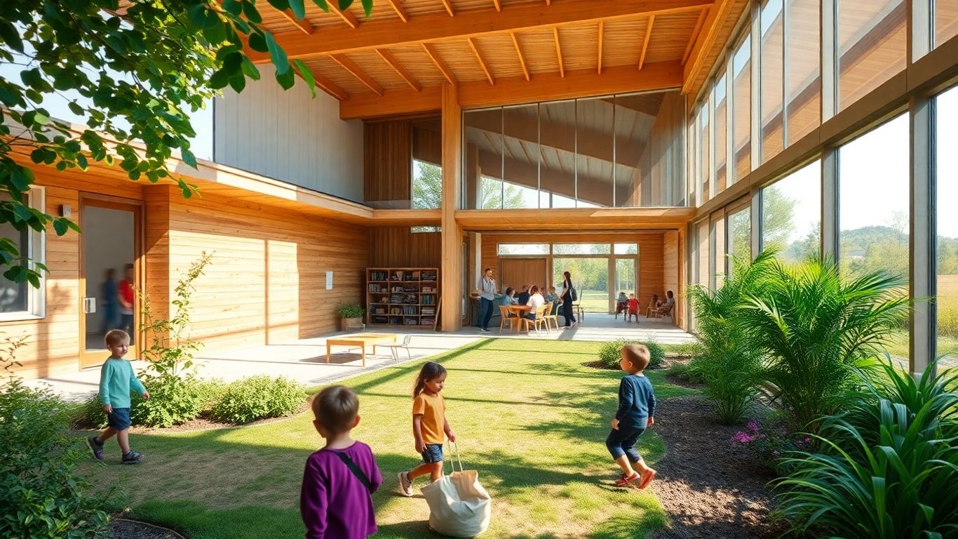 Comunitate rurală modernă cu spații verzi și activități sociale.