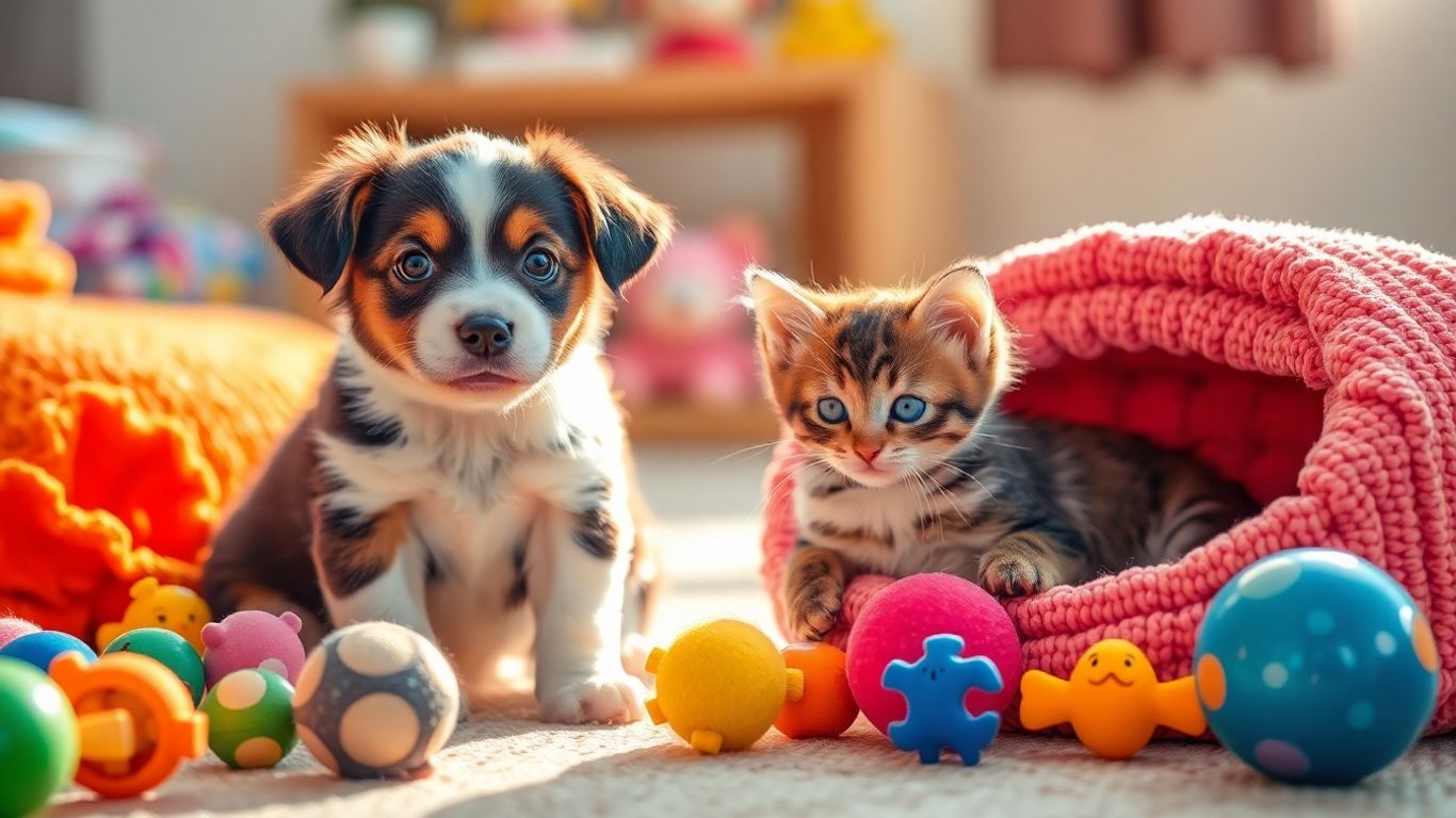 Puppy and kitten playing with toys and bed.