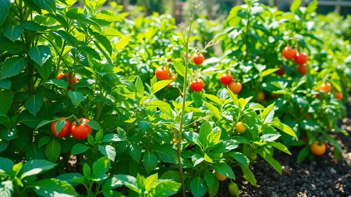 Lush organic vegetable garden with colorful, healthy plants.