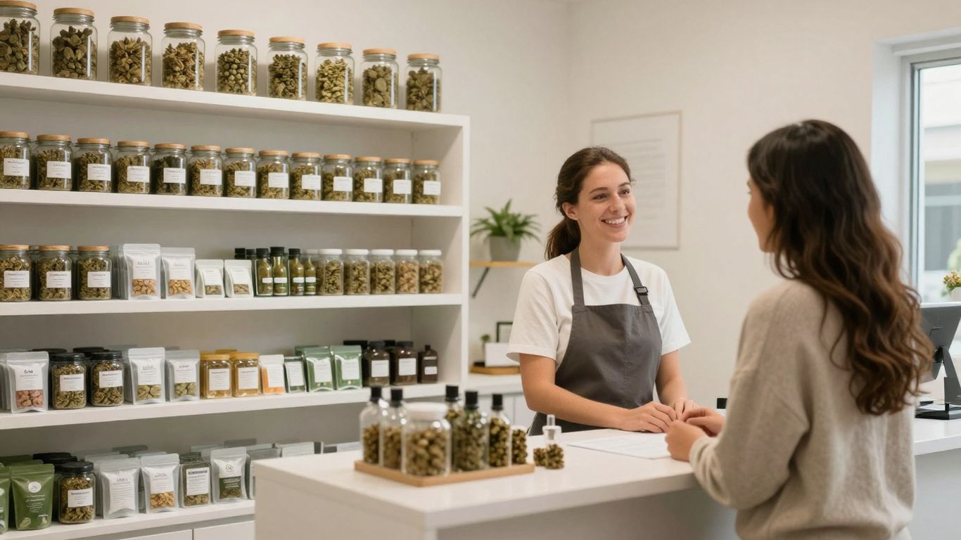 Dispensary interior with cannabis products and staff.