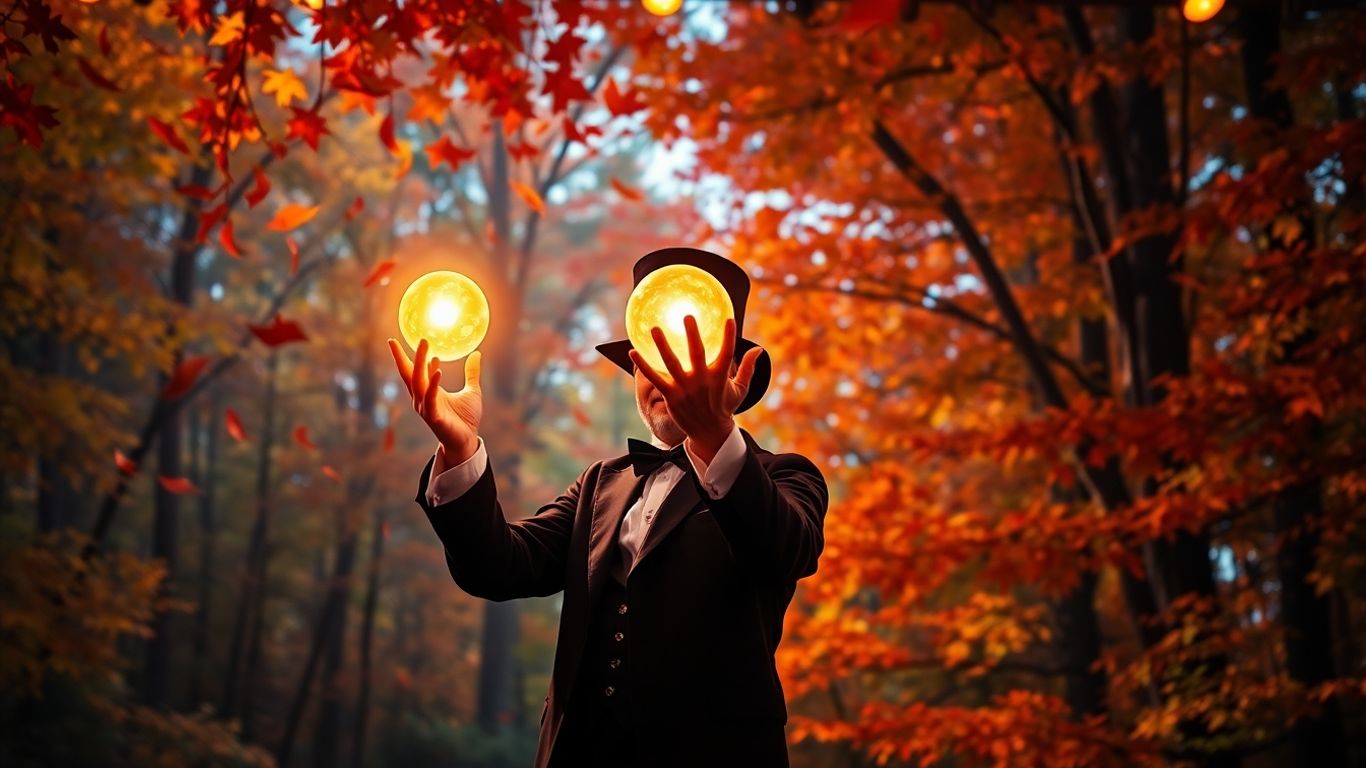 Magician performing with glowing orb in autumn forest.