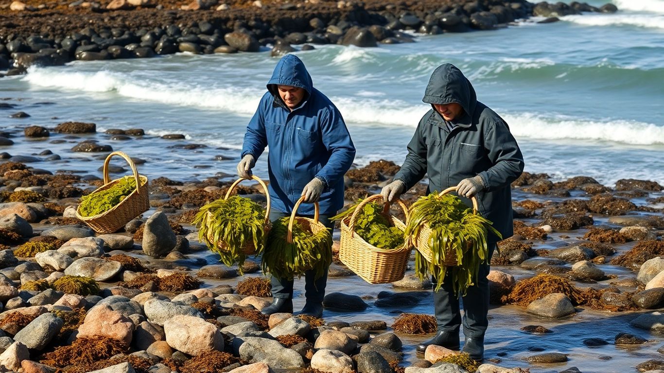 Colhedores de algas portugueses junto ao mar em atividade