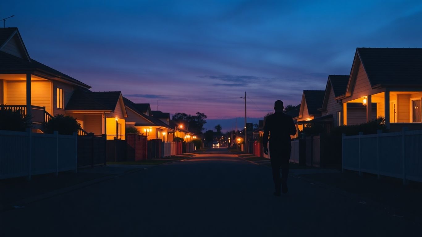 Western Australian suburban street at dusk, houses lit up.