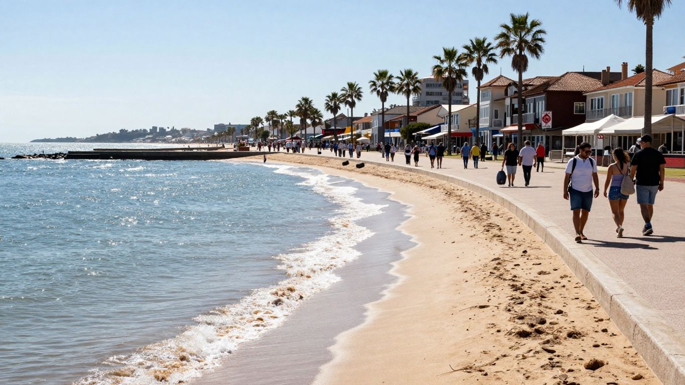 Strand en boulevard van Kijkduin met zon en zee.