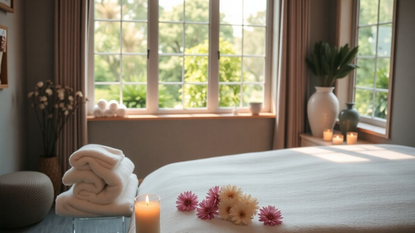 Luxurious Sydney spa room with candles, oils, and sunlight