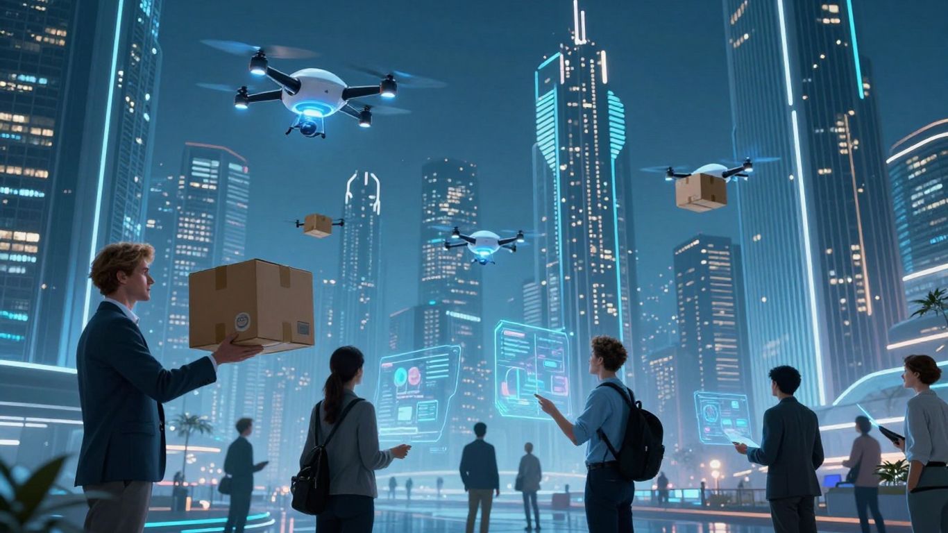 Futuristic cityscape with drones and holographic interfaces.