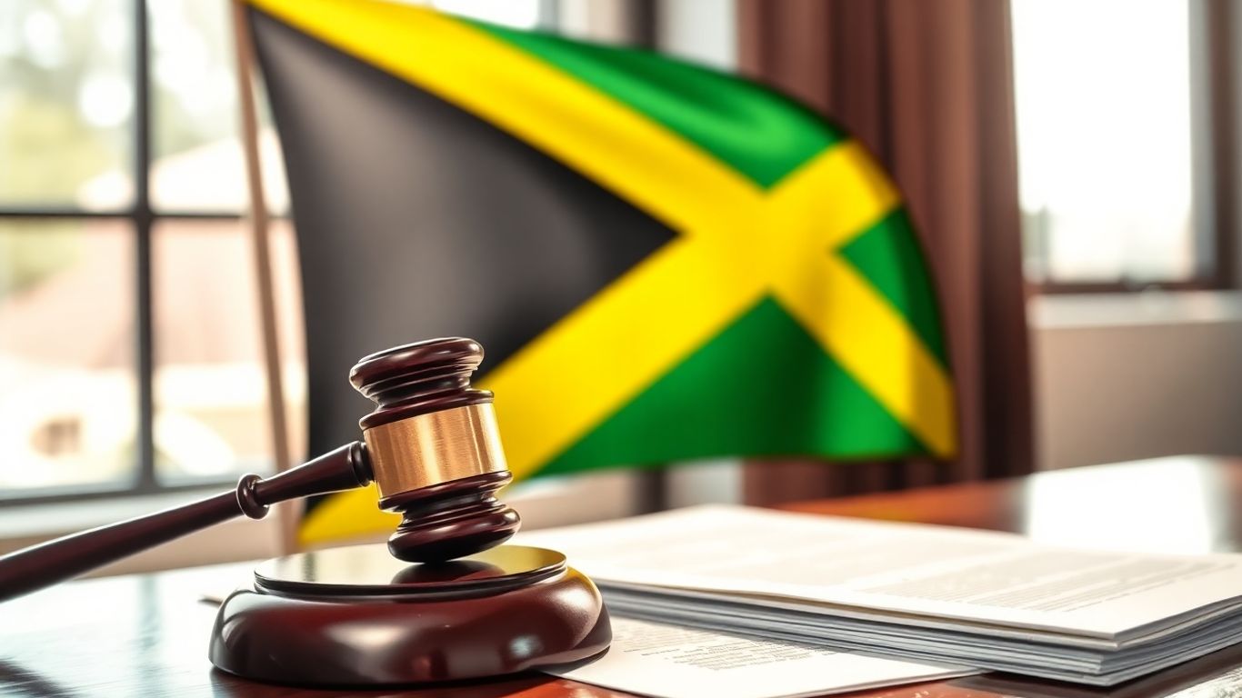 Jamaican flag and legal gavel on documents.