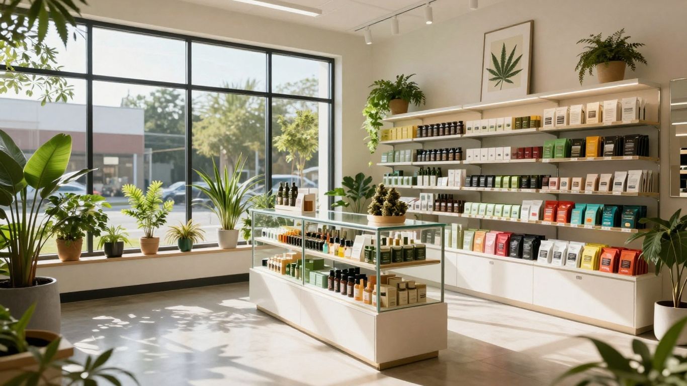 Modern dispensary interior with plants and cannabis products.