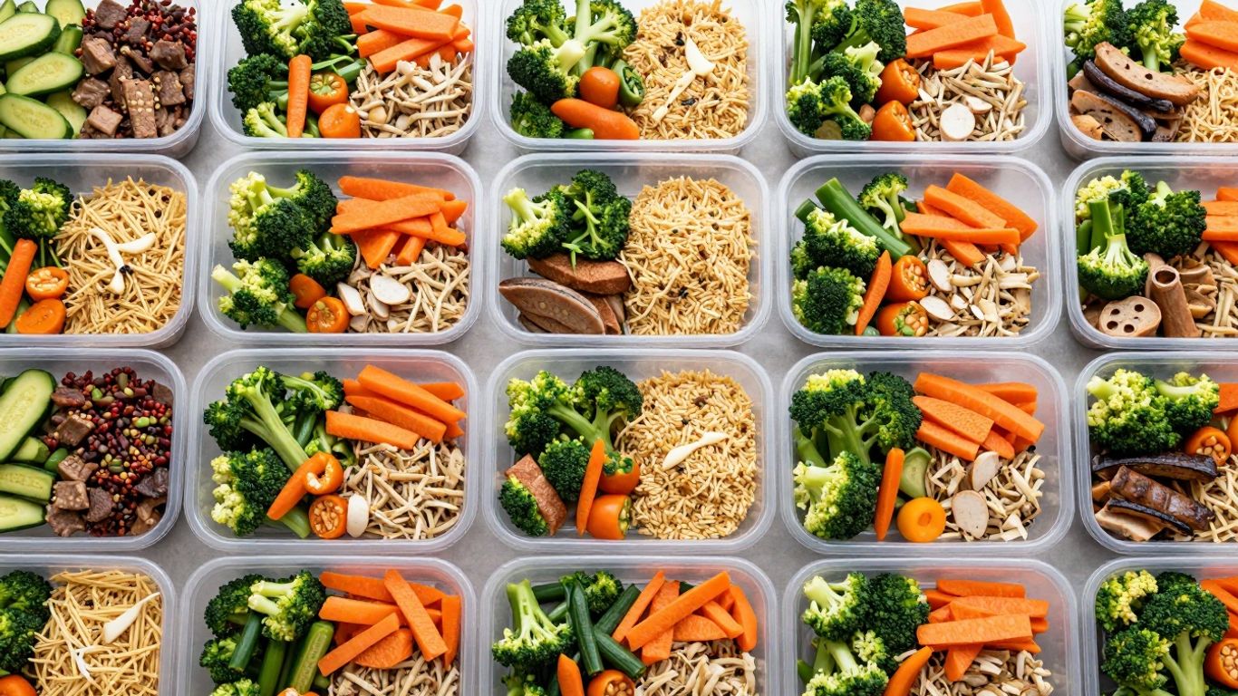 Vorbereitete Mahlzeiten in Behältern, bereit zum Mitnehmen.
