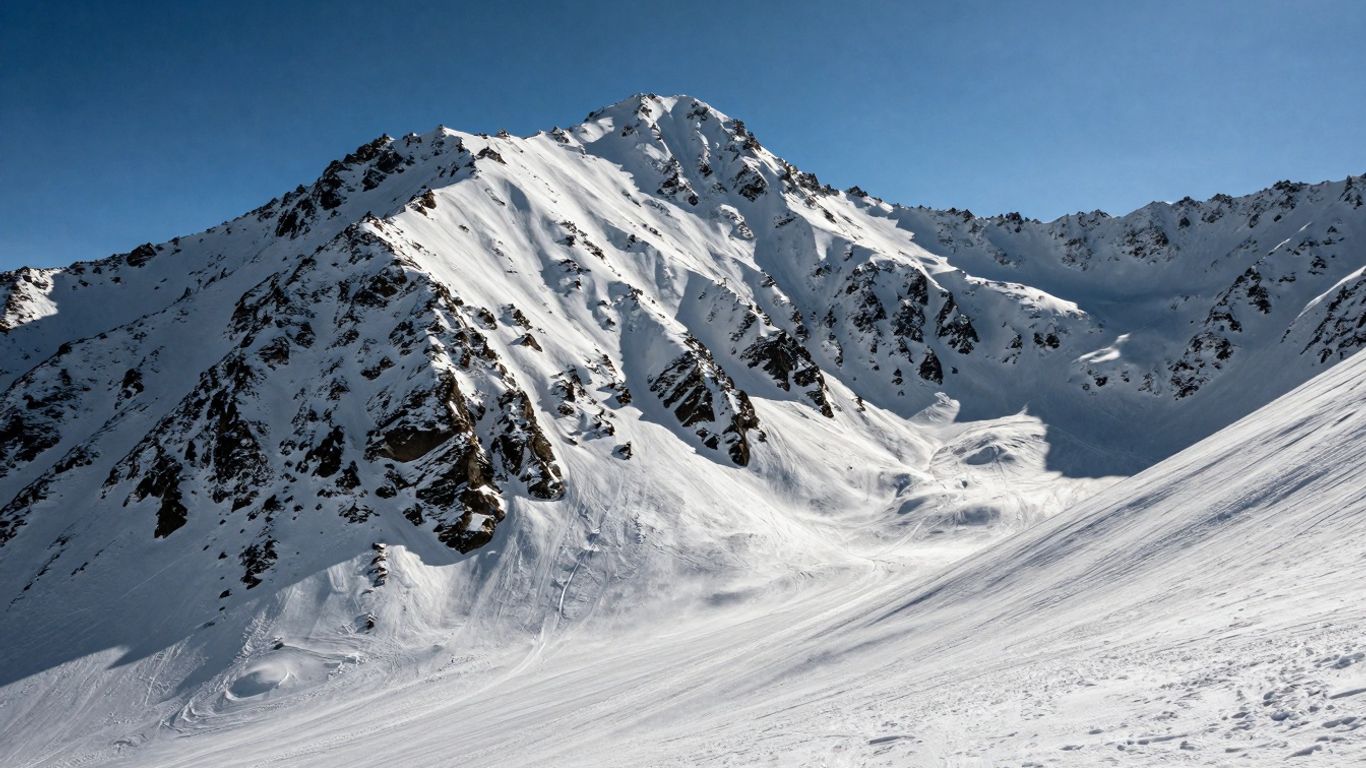 Snowy mountain peak with steep, challenging ski slopes.