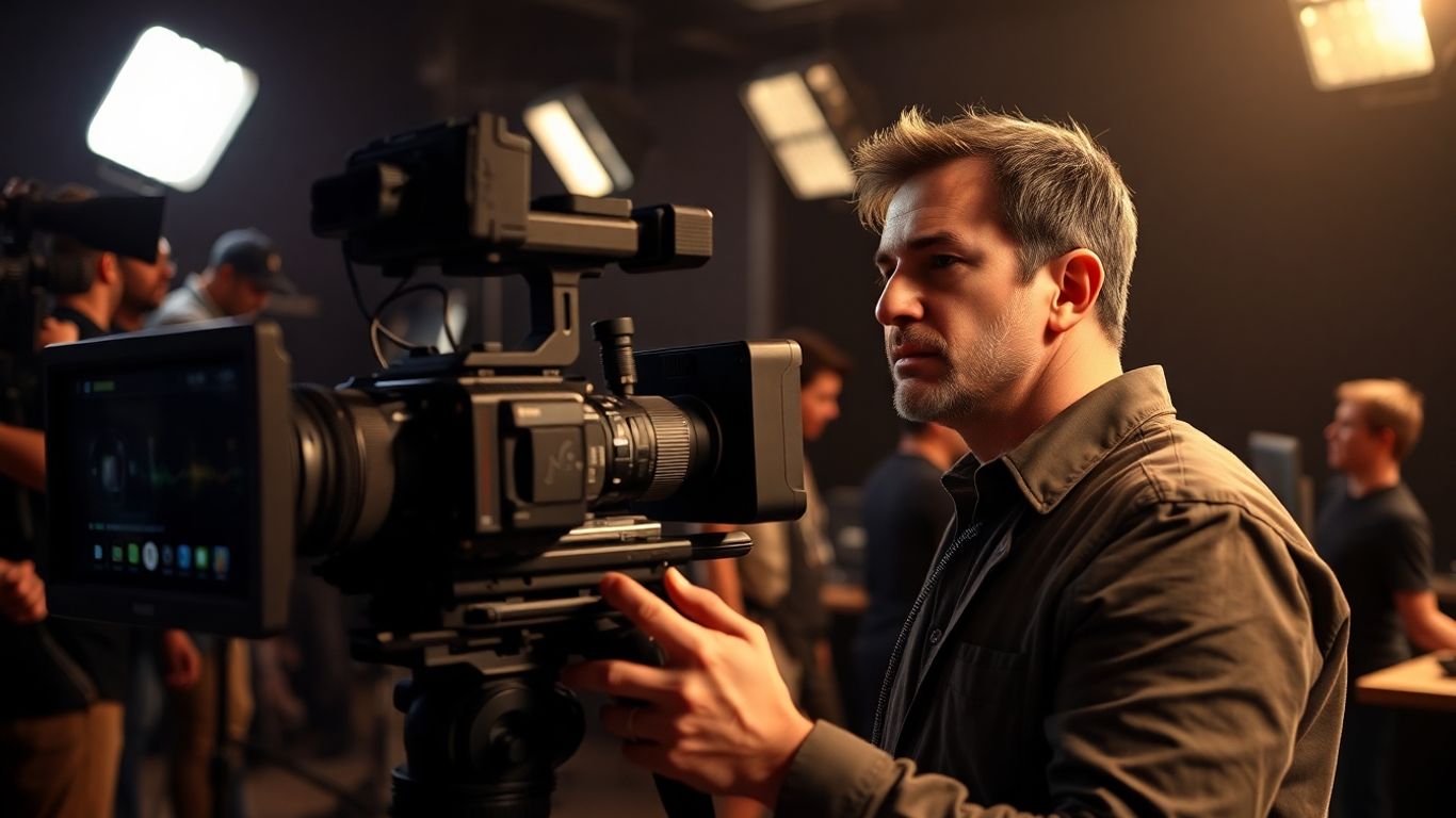 Réalisateur vidéo concentré sur un plateau de tournage.