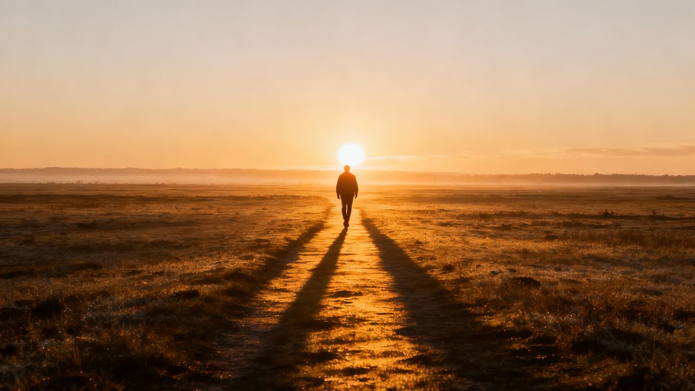 Person walking towards a hopeful sunrise.