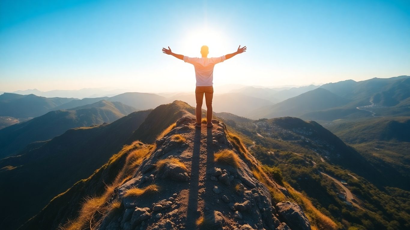 Person on mountaintop, arms outstretched, overlooking connected community.