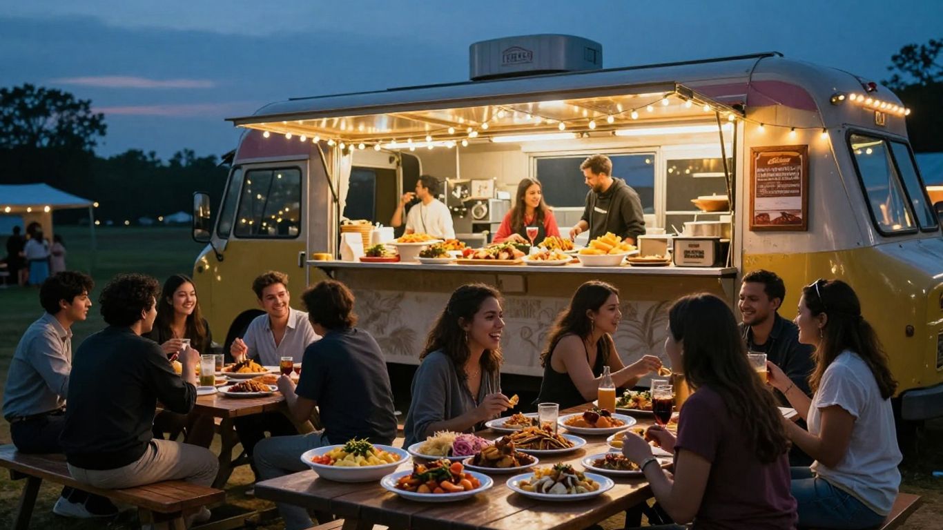 Wedding food truck serving guests at an outdoor reception.