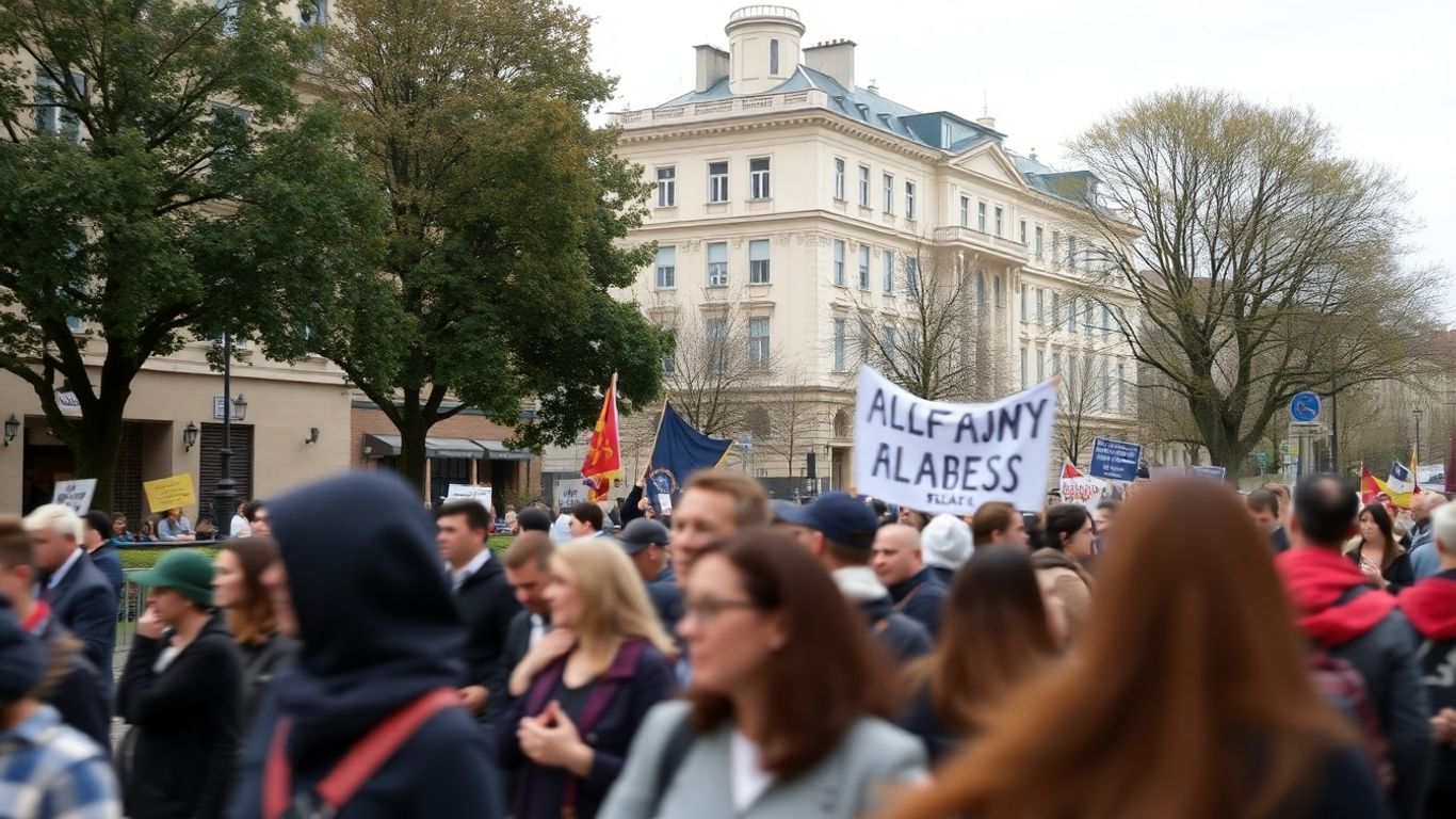 Manifestation dans la rue avec des personnes et des bâtiments.