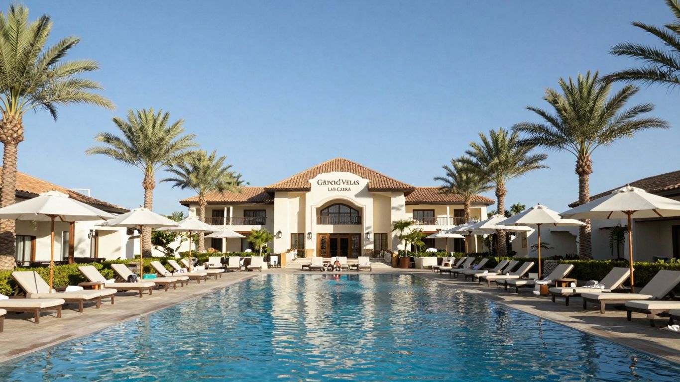 Grand Velas Los Cabos family resort pool with palm trees.